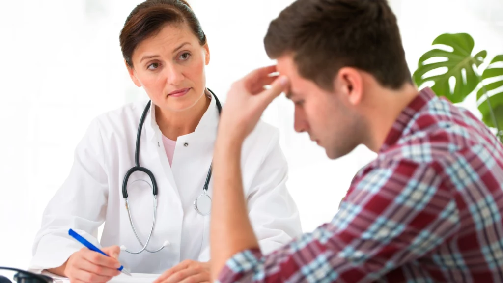 Sieviete tur galvu, - galvassāpes, stress, nogurums